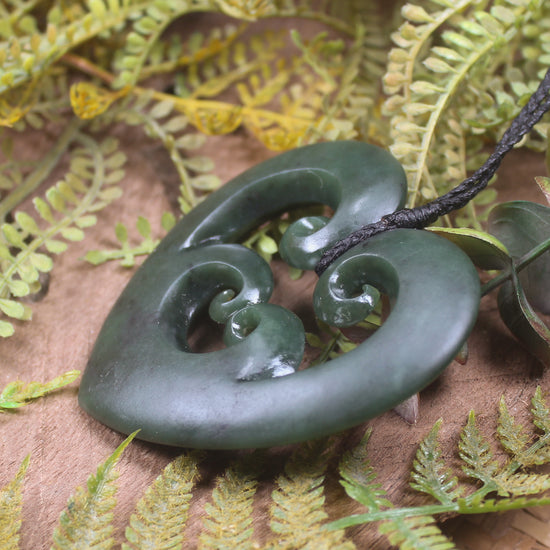 Heart with Koru carved from Kawakawa Pounamu - NZ Greenstone