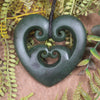 Heart with Koru carved from Kawakawa Pounamu - NZ Greenstone