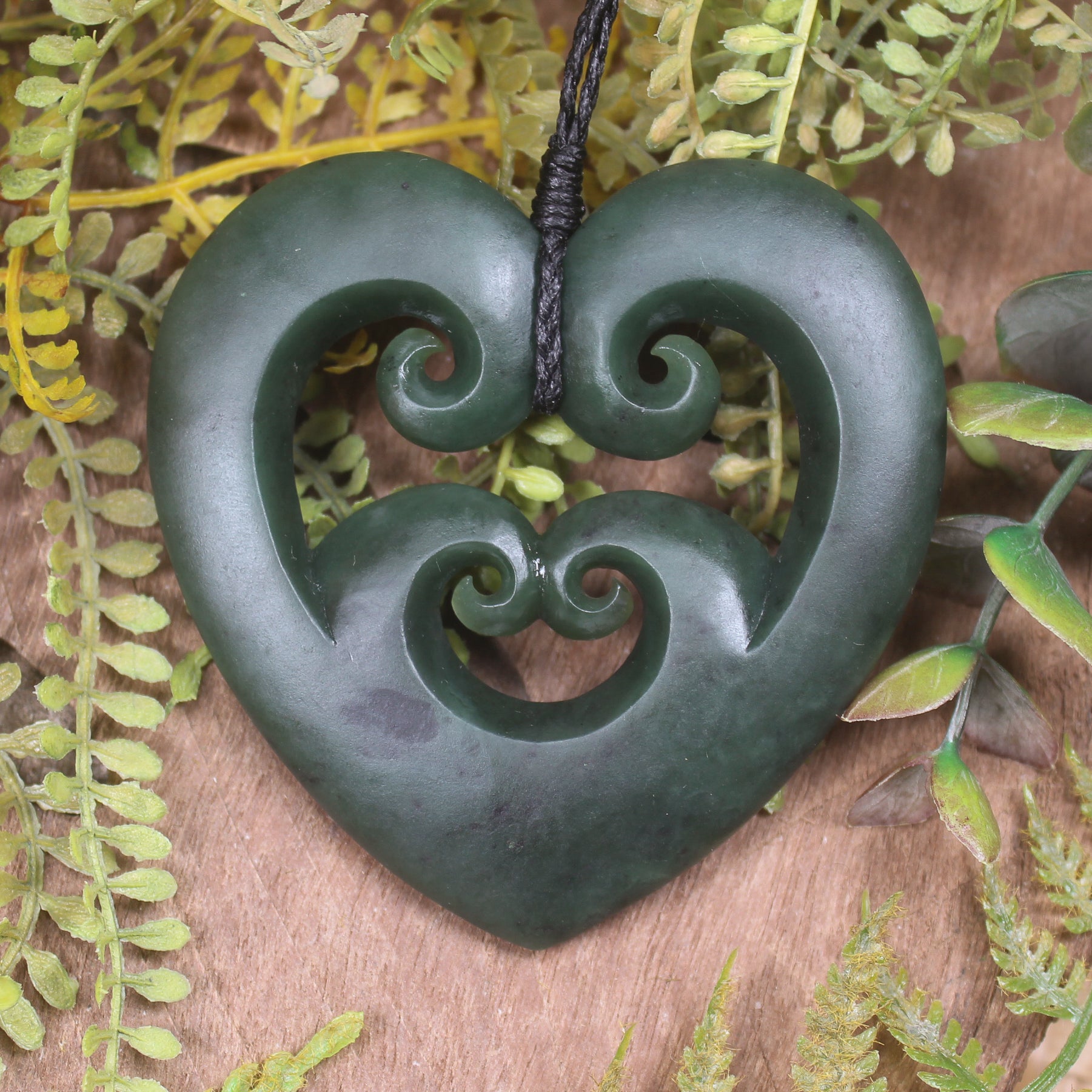 Heart with Koru carved from Kawakawa Pounamu - NZ Greenstone