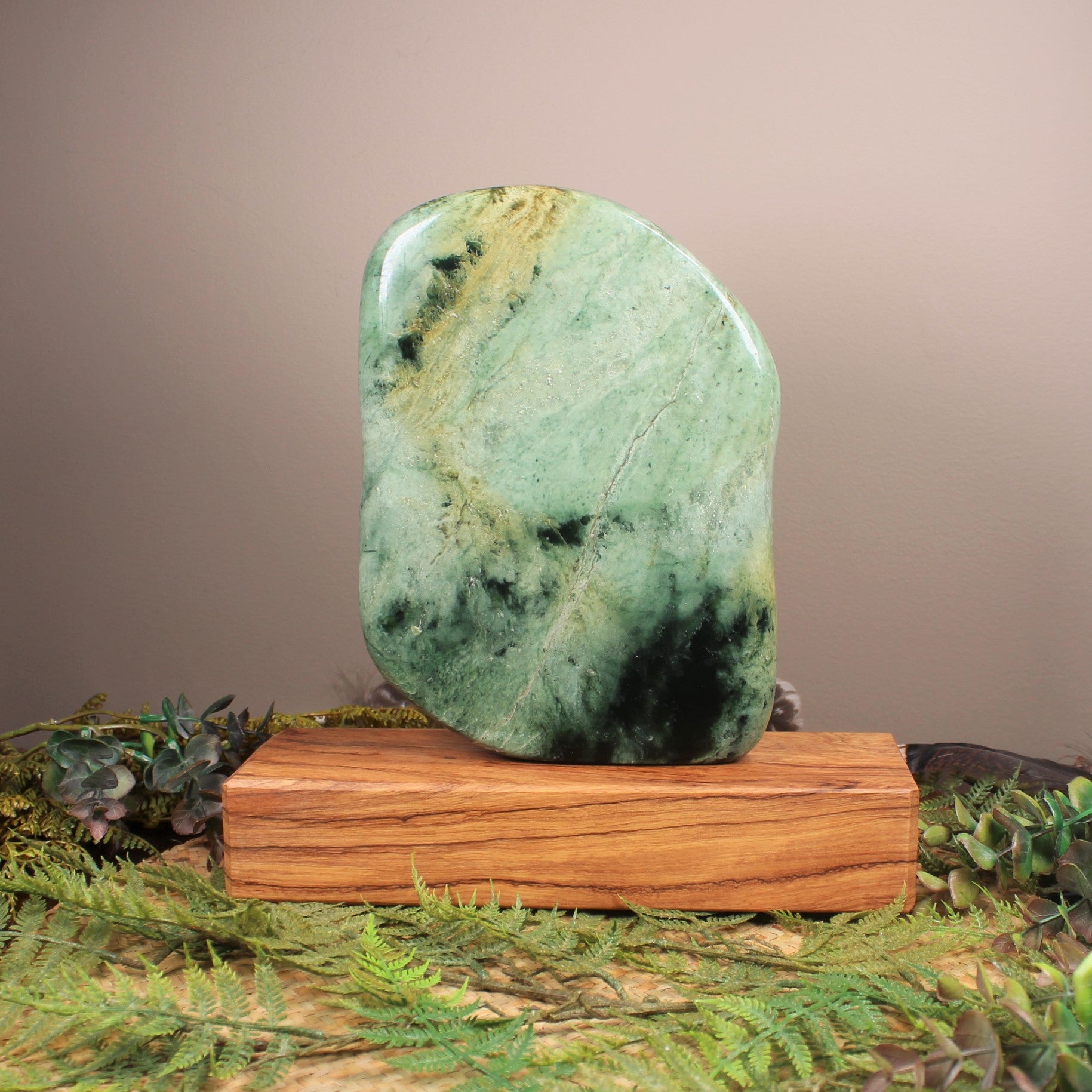 Freeform Flower Jade Pounamu Sculpture set on a wooden base - NZ Greenstone