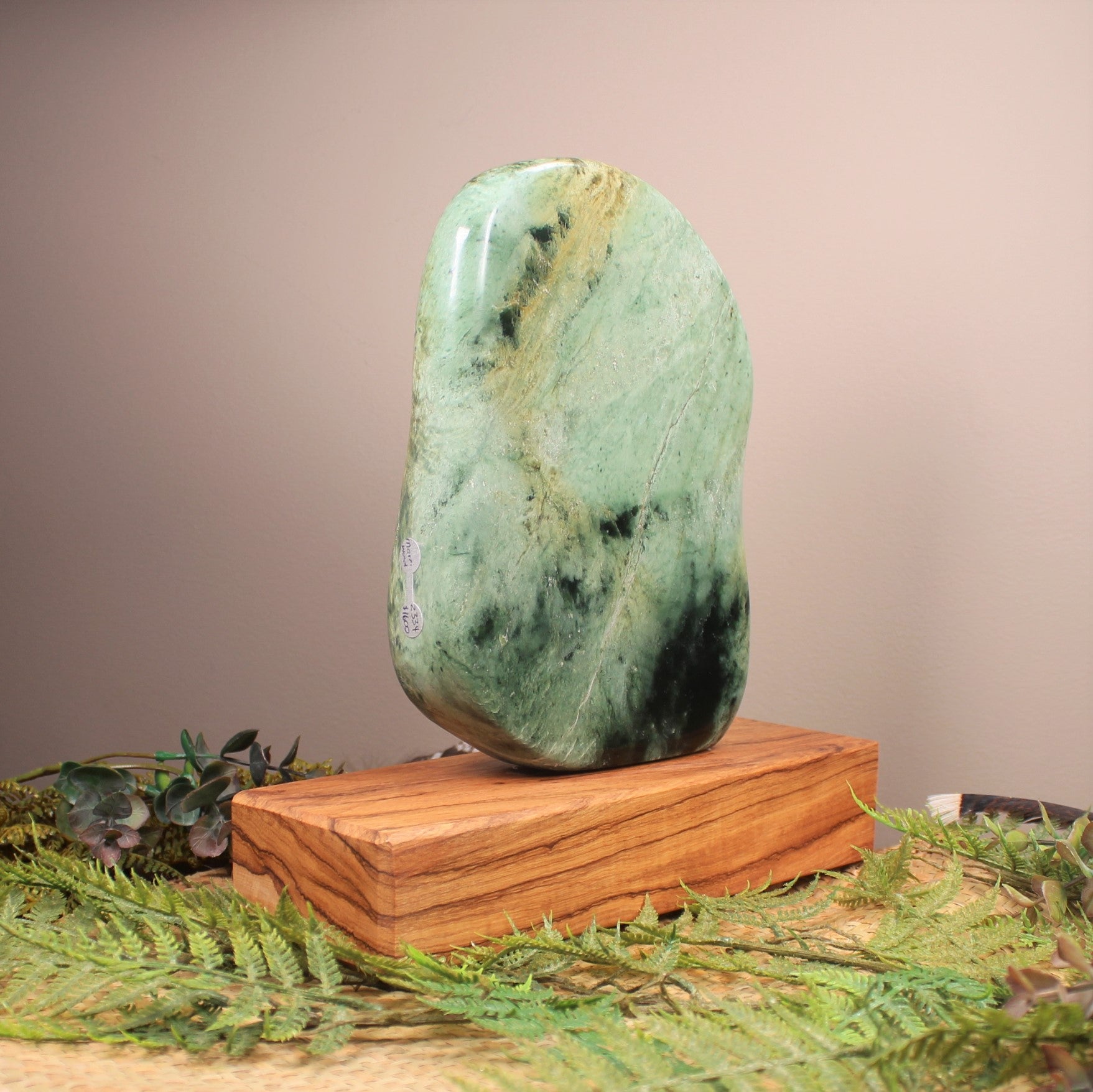 Freeform Flower Jade Pounamu Sculpture set on a wooden base - NZ Greenstone