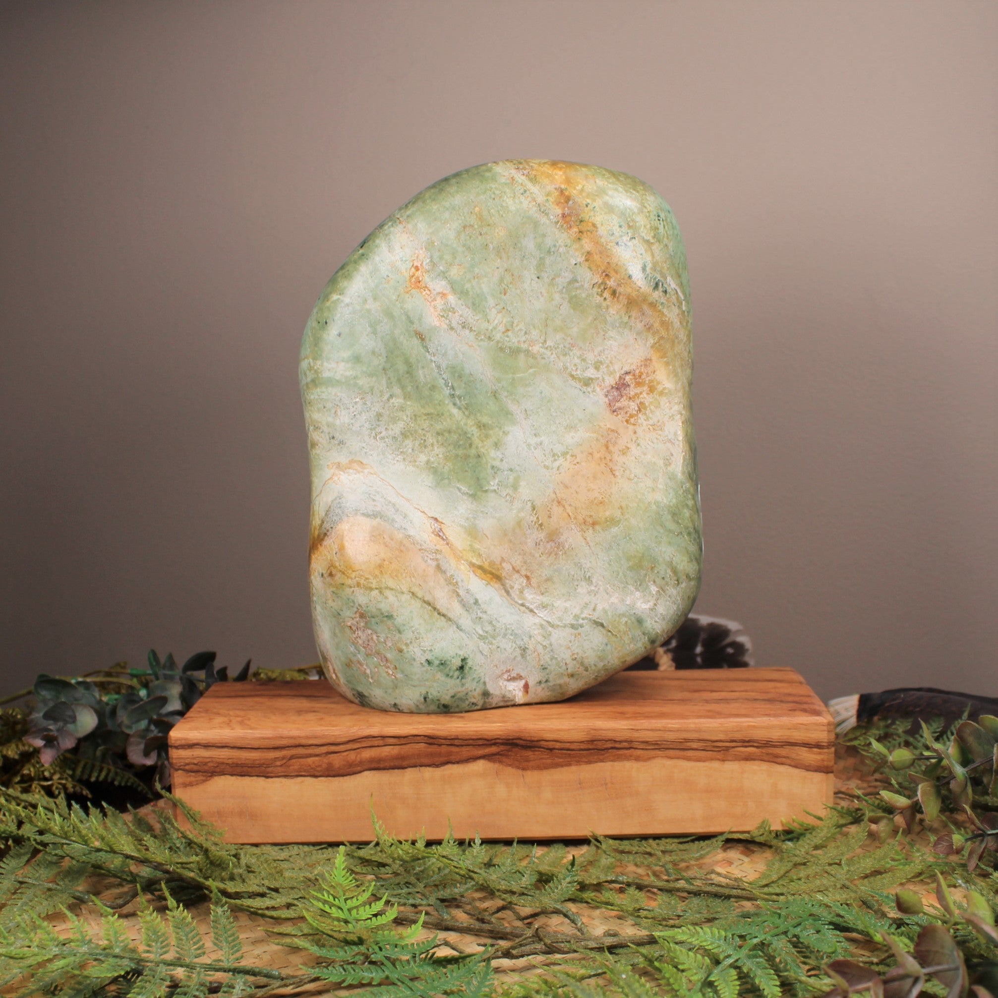 Freeform Flower Jade Pounamu Sculpture set on a wooden base - NZ Greenstone