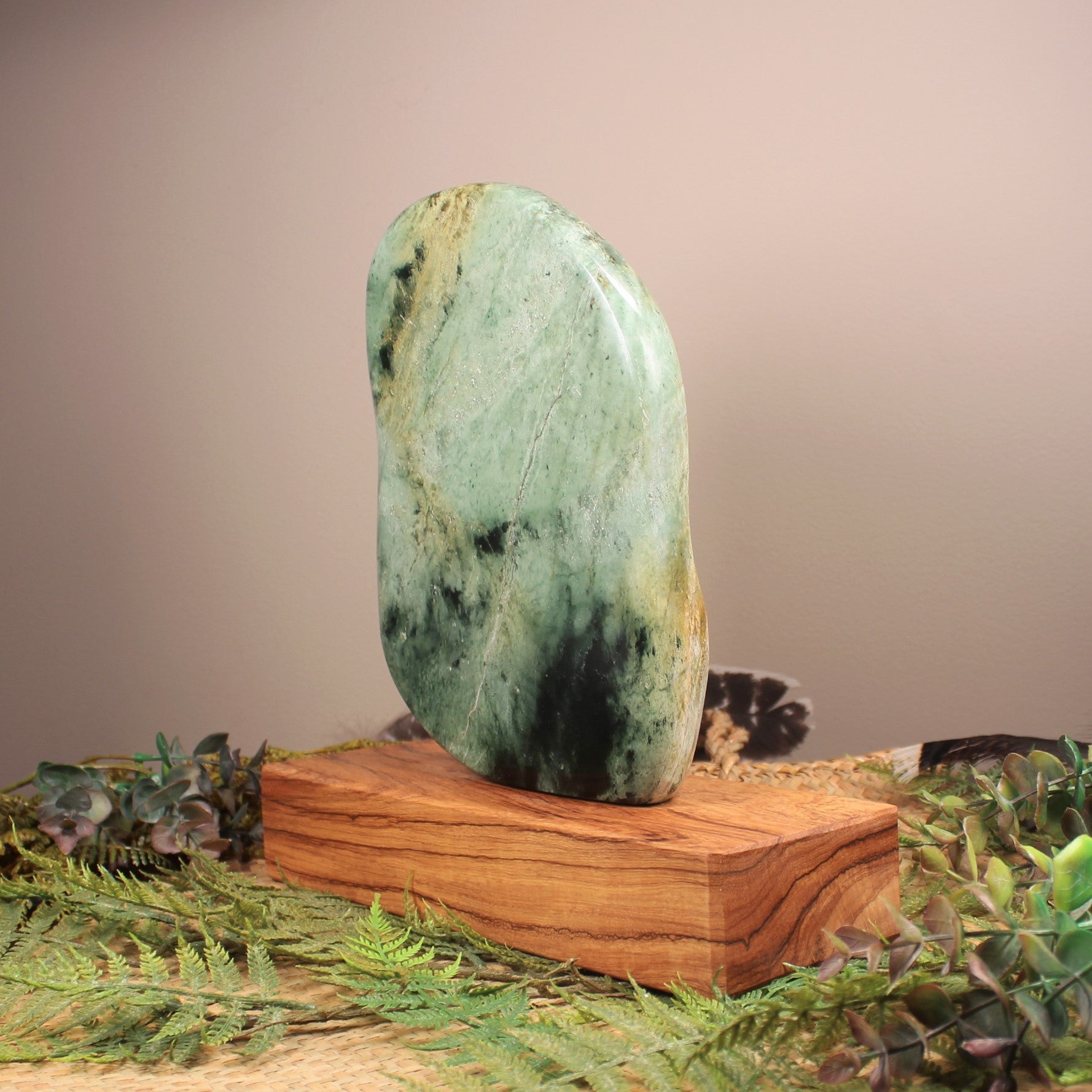 Freeform Flower Jade Pounamu Sculpture set on a wooden base - NZ Greenstone