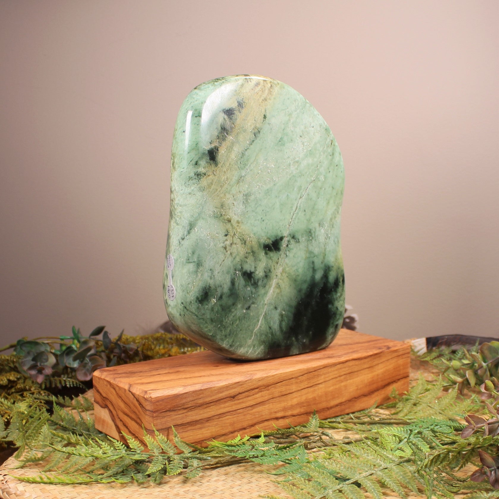 Freeform Flower Jade Pounamu Sculpture set on a wooden base - NZ Greenstone