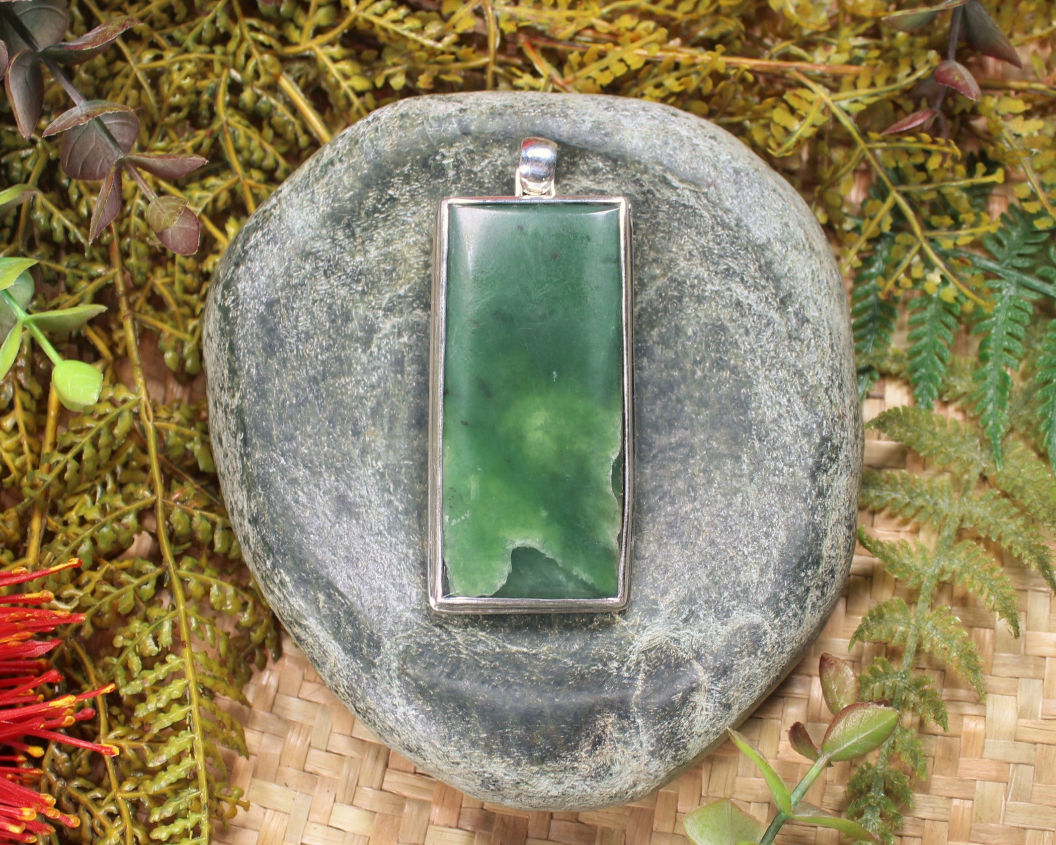 Sterling Silver Greenstone Pendant carved from Flower Jade Pounamu - NZ Greenstone
