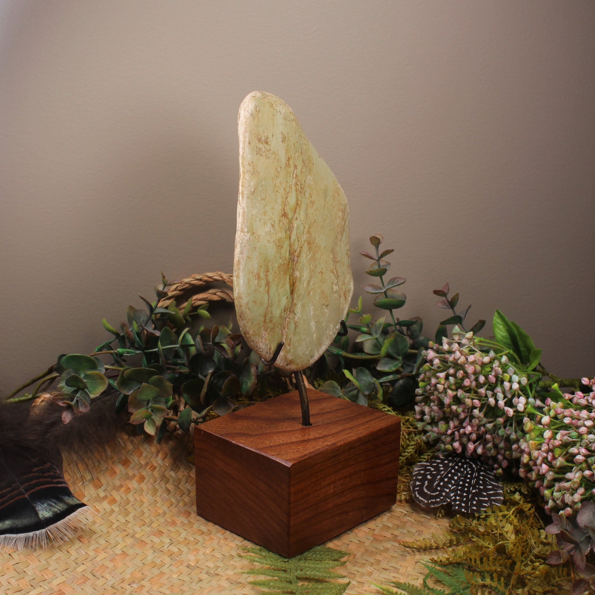 Freeform Kokopu Pounamu Sculpture with a wooden base - NZ Greenstone