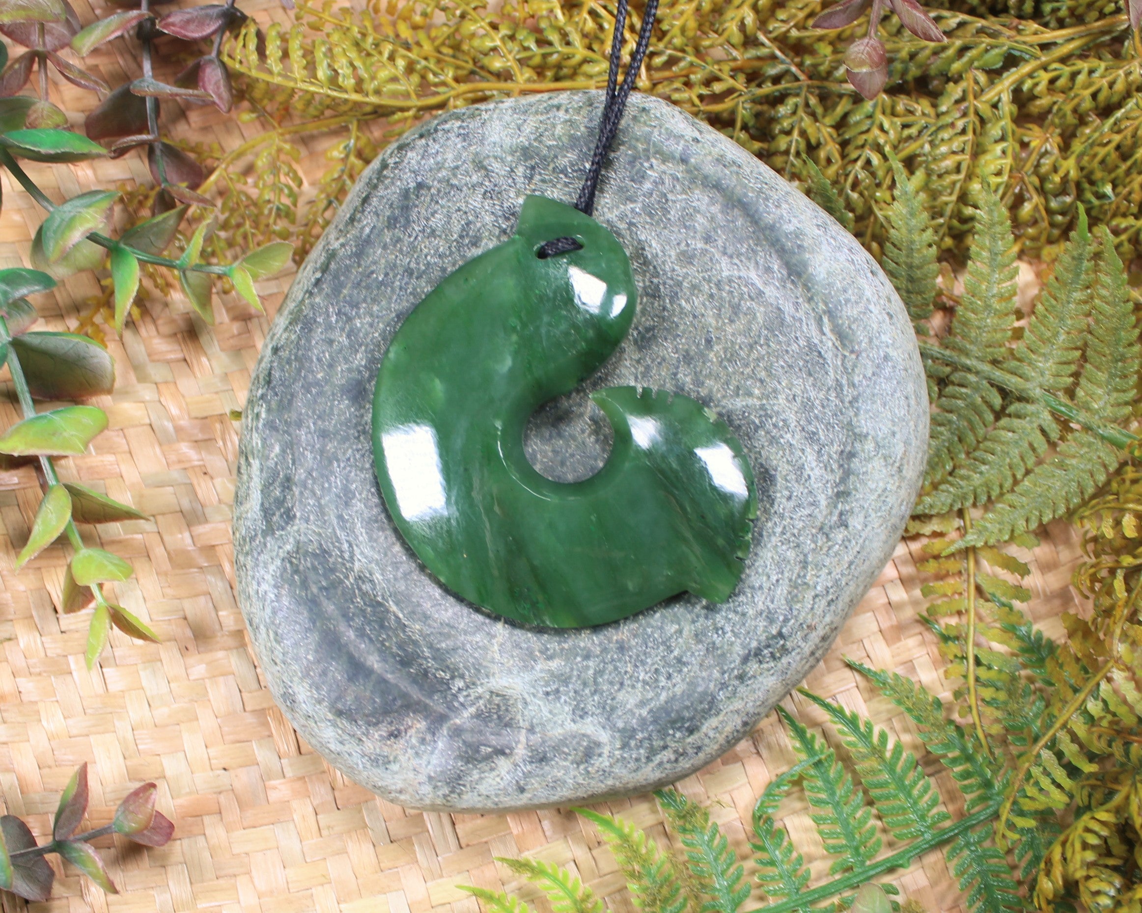 Hei Matau or Fish Hook carved from Hapopo Pounamu - NZ Greenstone