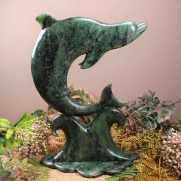 Bottlenose Dolphin sculpture carved from Hapopo Pounamu - NZ Greenstone