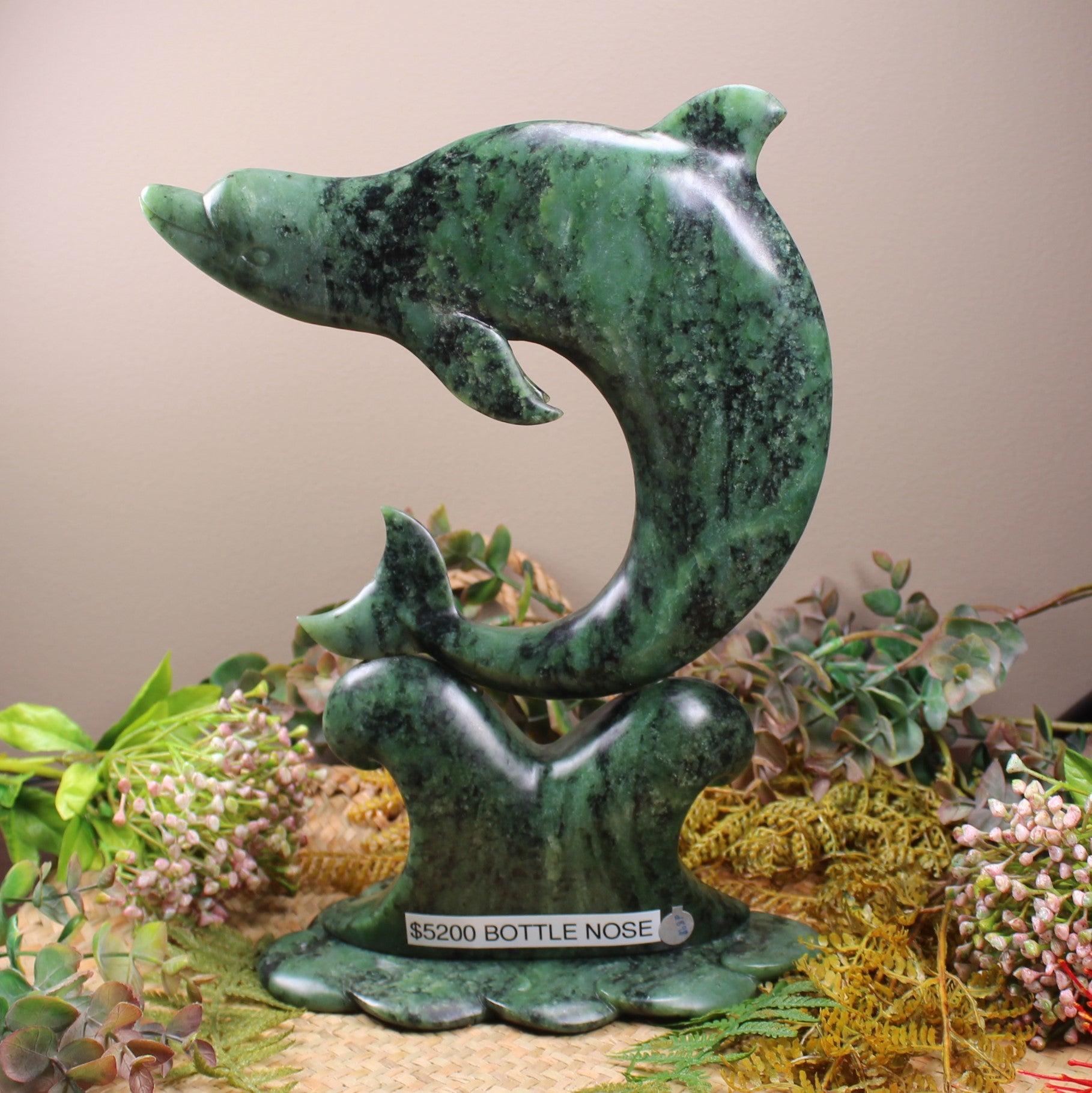 Bottlenose Dolphin sculpture carved from Hapopo Pounamu - NZ Greenstone