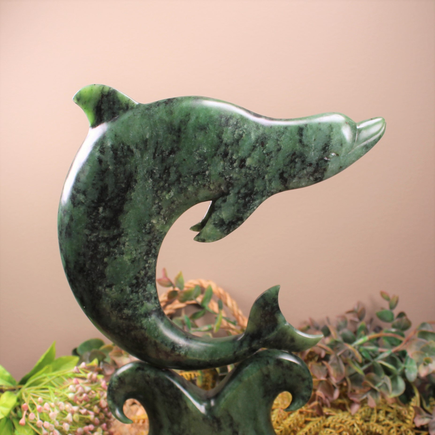Bottlenose Dolphin sculpture carved from Hapopo Pounamu - NZ Greenstone