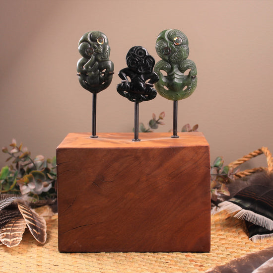 Hei Tiki Sculpture from Hapopo and Kawakawa Pounamu set into a Wooden base - NZ Greenstone