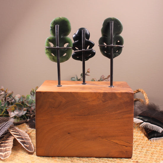 Hei Tiki Sculpture from Hapopo and Kawakawa Pounamu set into a Wooden base - NZ Greenstone