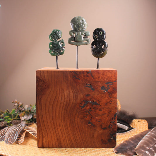 Hei Tiki Sculpture from Hapopo and Kawakawa Pounamu set into a Wooden base - NZ Greenstone