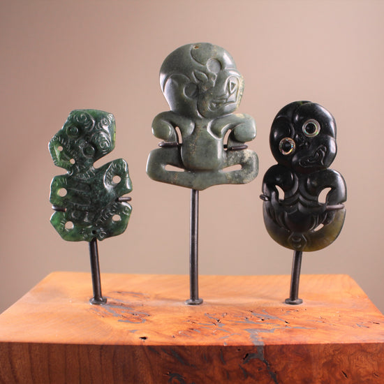 Hei Tiki Sculpture from Hapopo and Kawakawa Pounamu set into a Wooden base - NZ Greenstone