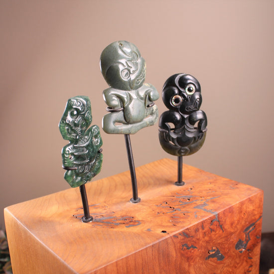 Hei Tiki Sculpture from Hapopo and Kawakawa Pounamu set into a Wooden base - NZ Greenstone