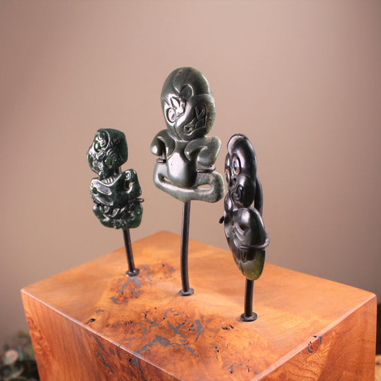 Hei Tiki Sculpture from Hapopo and Kawakawa Pounamu set into a Wooden base - NZ Greenstone